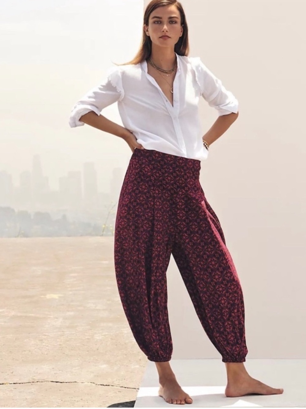 Anthropologie High Waisted Boho Balloon Harem Pants Printed Zip Pockets Navy XS